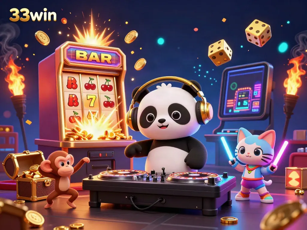 Engage with the vibrant 33win casino scene featuring a DJ panda and lively characters amidst exciting game elements.