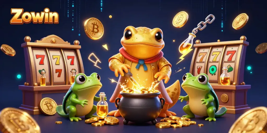 Zowin offers thrilling jackpot experiences in a vibrant 3D cartoon scene with golden alchemist and crypto elements.