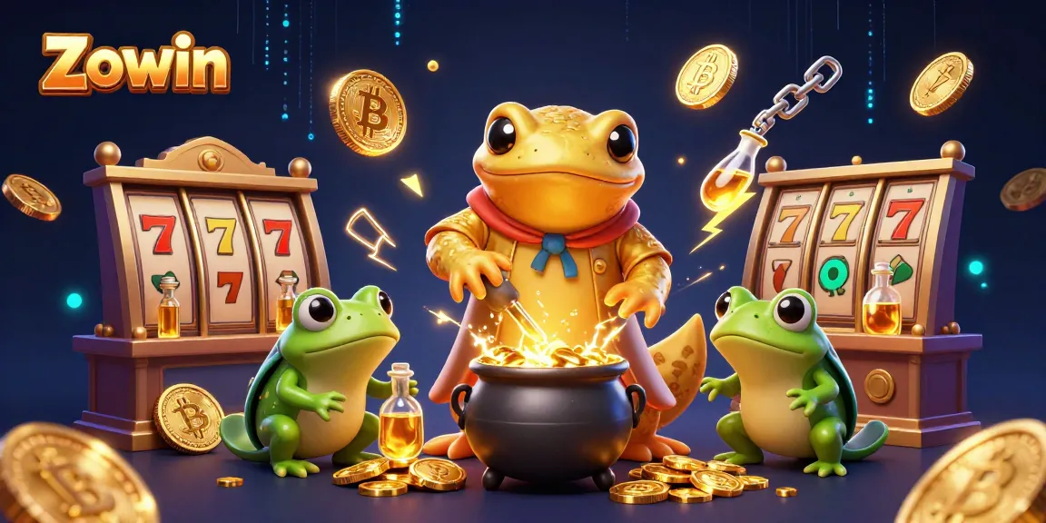Zowin offers thrilling jackpot experiences in a vibrant 3D cartoon scene with golden alchemist and crypto elements.