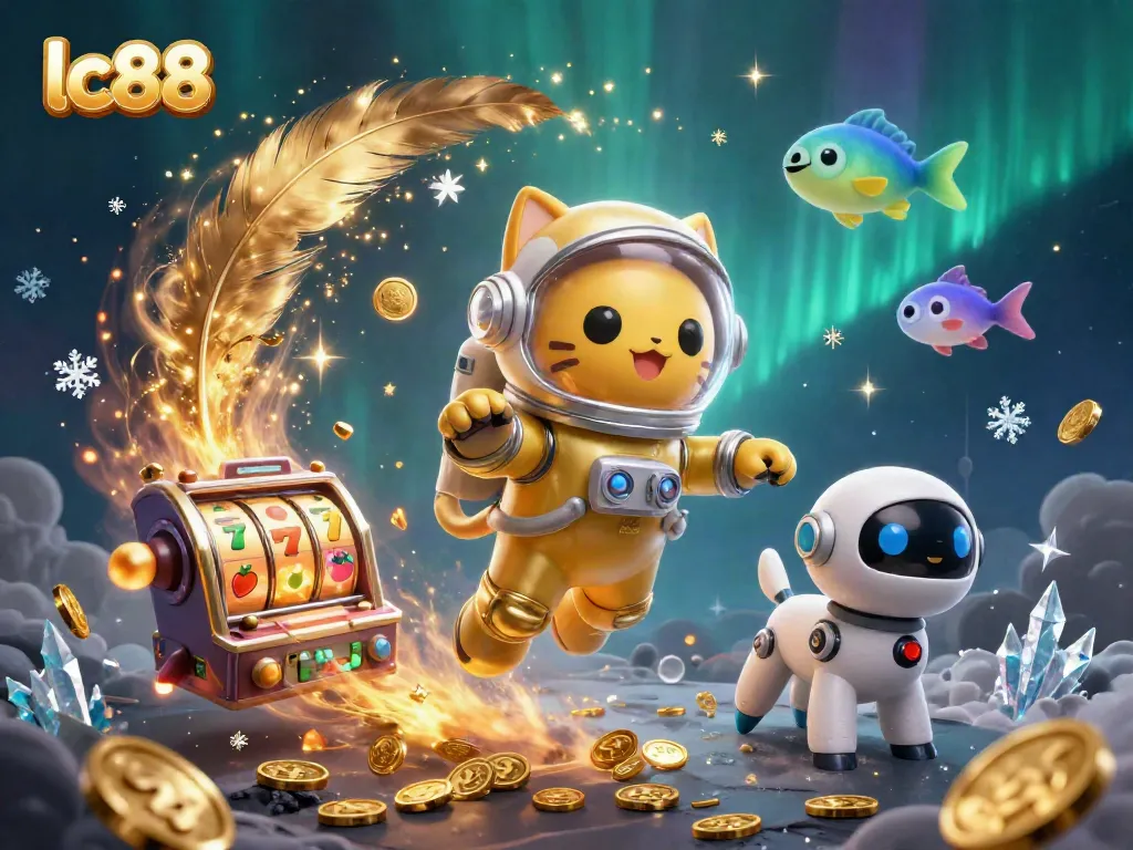 Experience thrilling action at lc88 with a vibrant illustration showcasing a playful cat astronaut amidst golden casino elements.