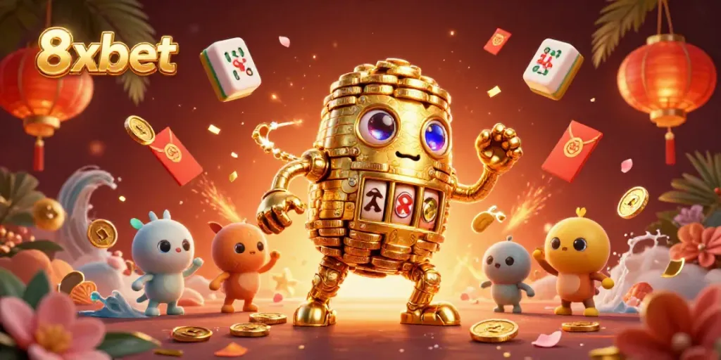 Experience the thrill of 8xbet with a vibrant illustration showcasing gambling elements and a golden golem.