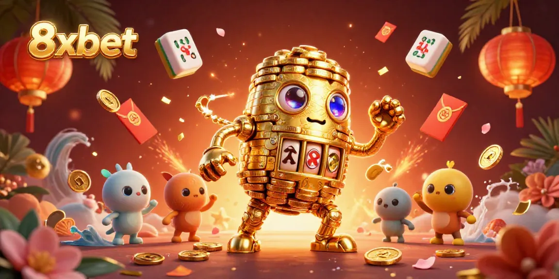 Experience the thrill of 8xbet with a vibrant illustration showcasing gambling elements and a golden golem.