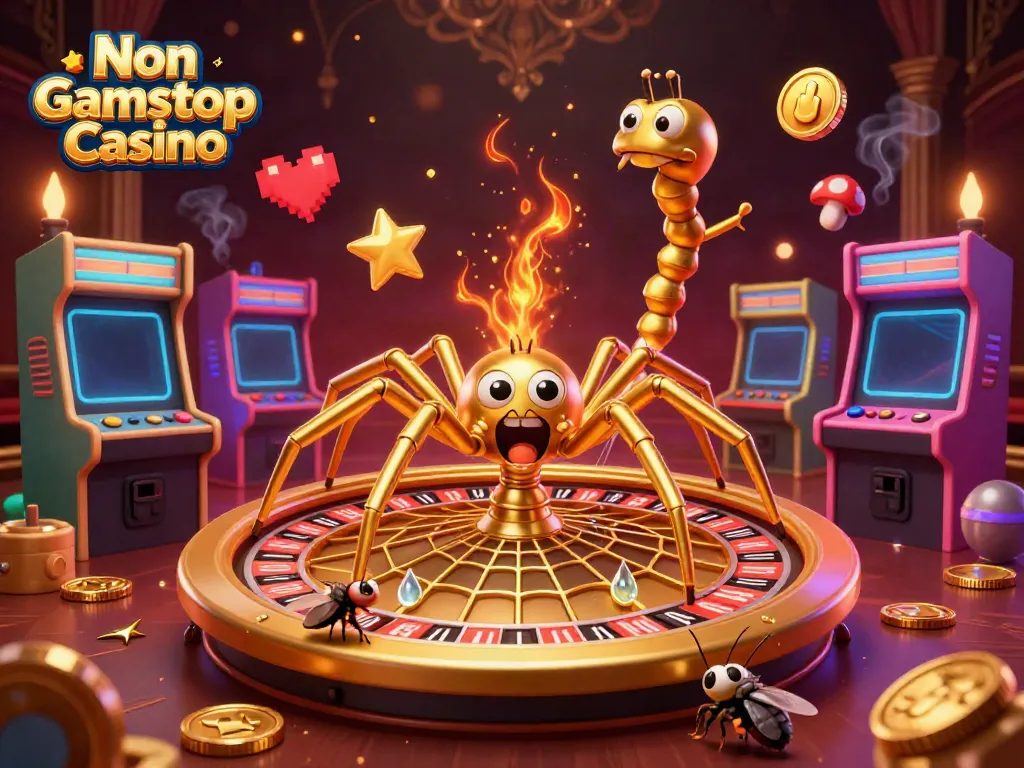 Engage with the vibrant 3D scene of Non Gamstop Casino as a golden spider spins a roulette wheel web.