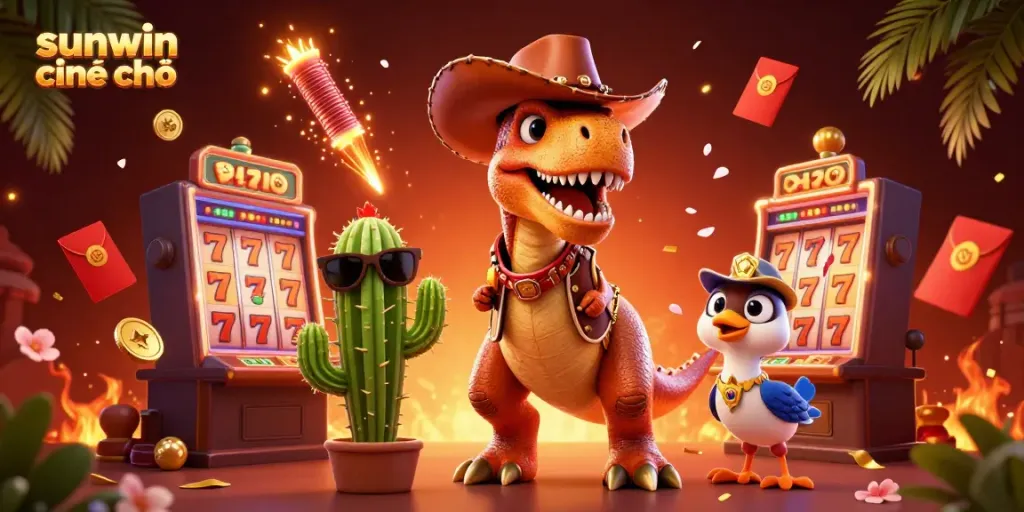 Get lucky with sunwin chính chủ featuring a fun T-Rex and friends in a thrilling gambling scene.