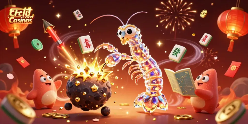Experience vibrant credit card casinos with a galactic mantis shrimp and celebrating confetti in this dynamic scene.
