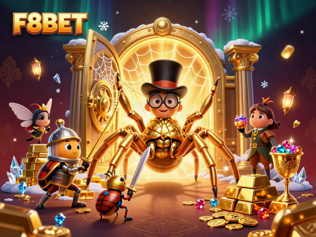 Experience F8BET's dynamic casino adventure with a brave beetle knight and a golden tarantula.