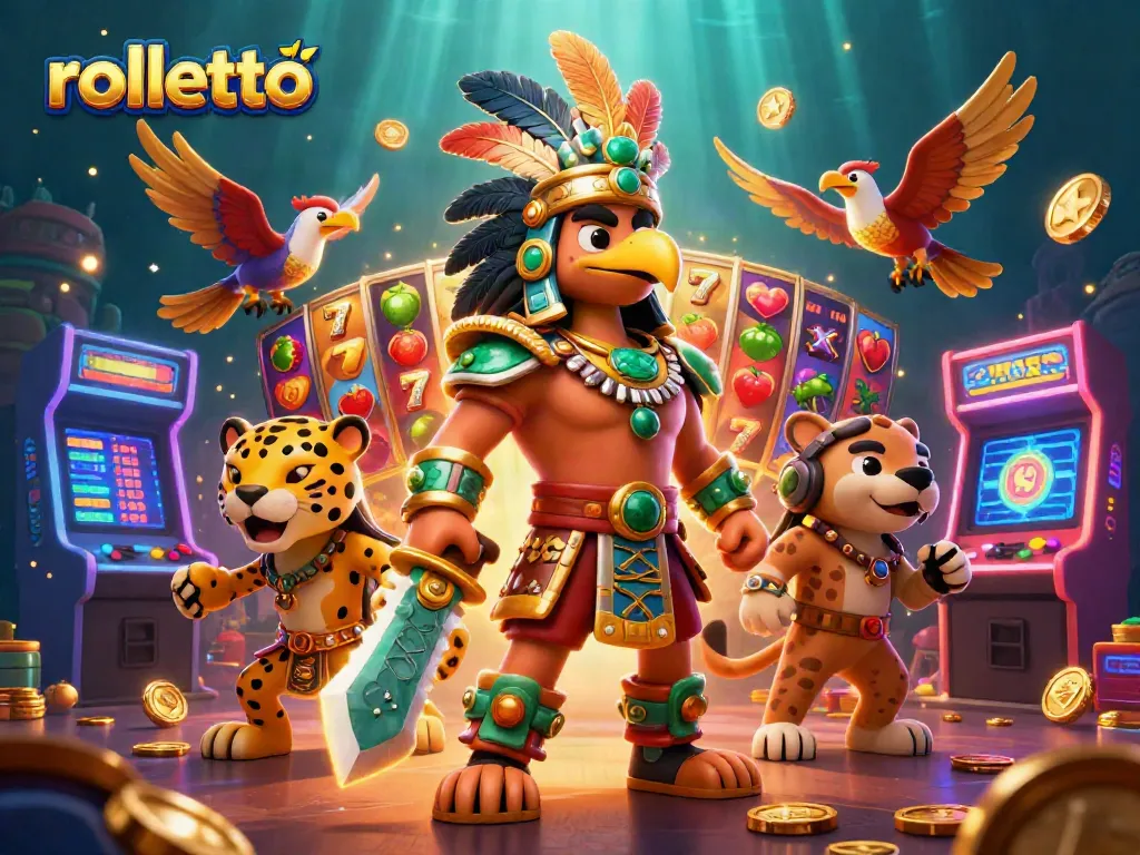 rolletto players spin colorful slot reels in a dynamic 3D casino scene featuring Aztec characters