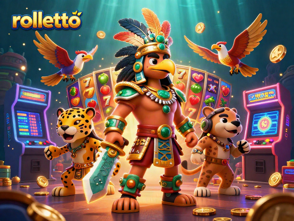 rolletto players spin colorful slot reels in a dynamic 3D casino scene featuring Aztec characters