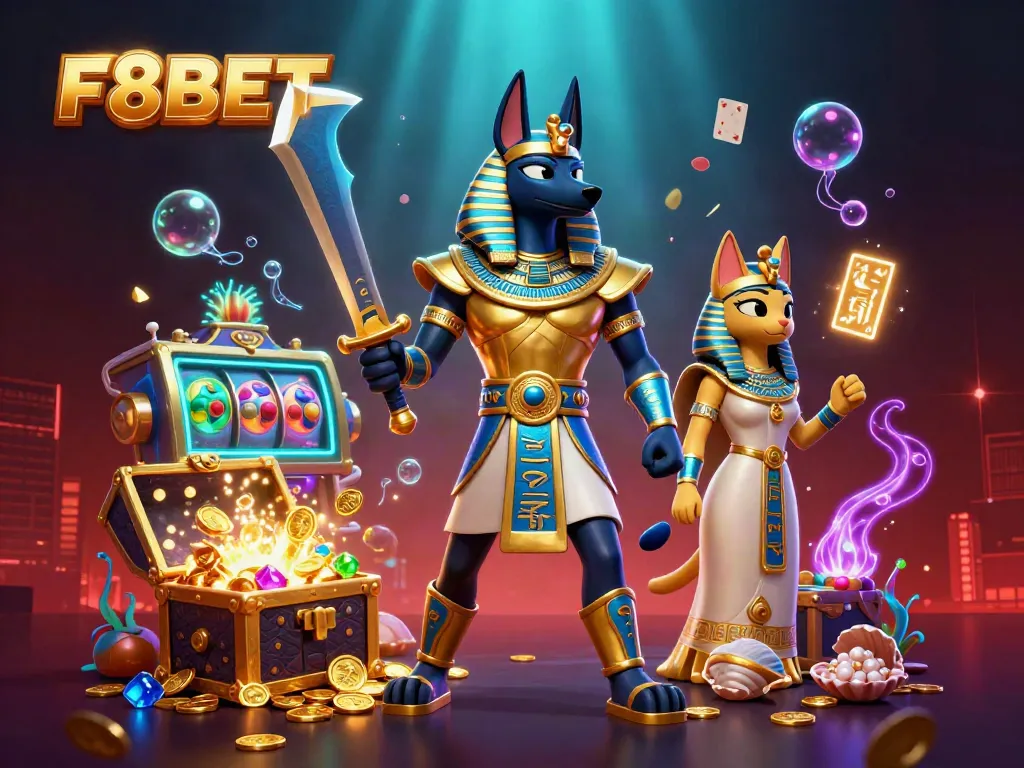Experience the thrill of F8BET with vibrant casino elements and Egyptian motifs in a 3D adventure.