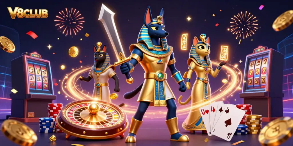 Experience V8CLUB excitement in this vibrant 3D scene depicting ancient Egyptian characters immersed in casino elements.