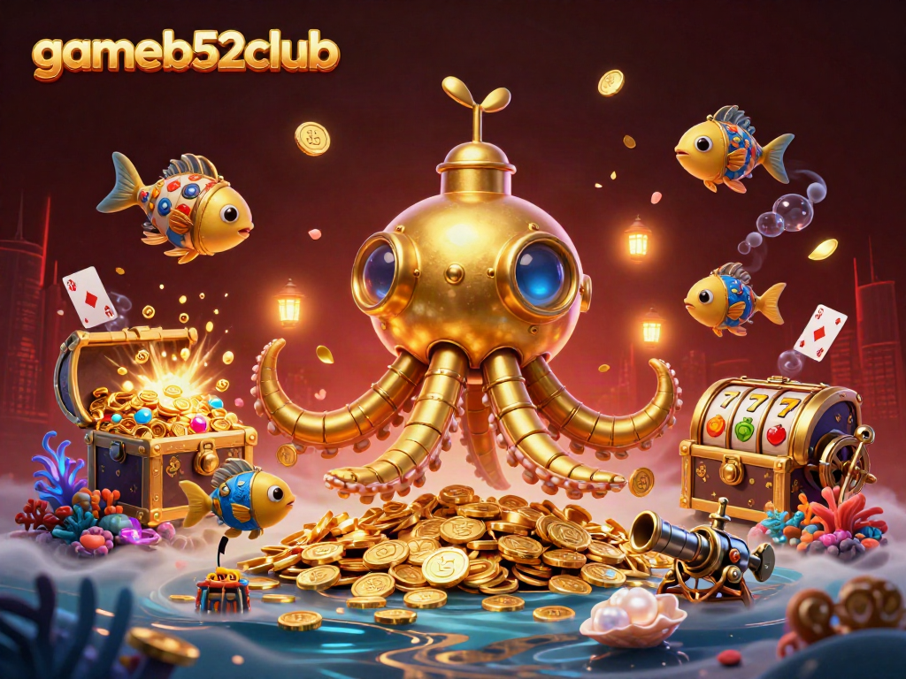 Engage with gameb52club's thrilling underwater casino adventure featuring a golden kraken and slot machines!