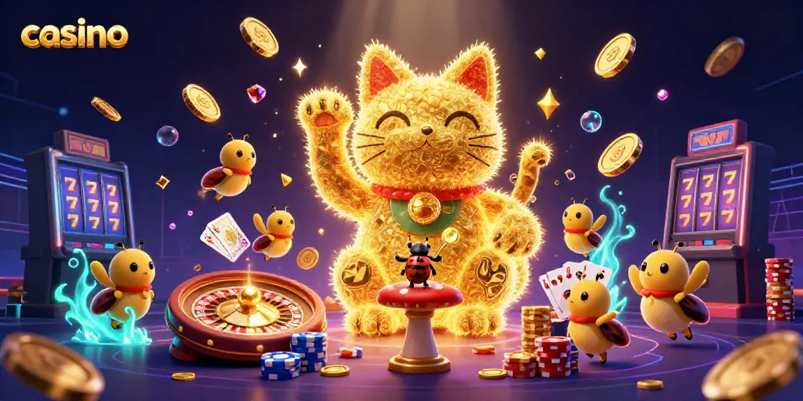 Engaging casino scene showcasing a lucky cat made of fireflies amidst golden coins and a roulette wheel.