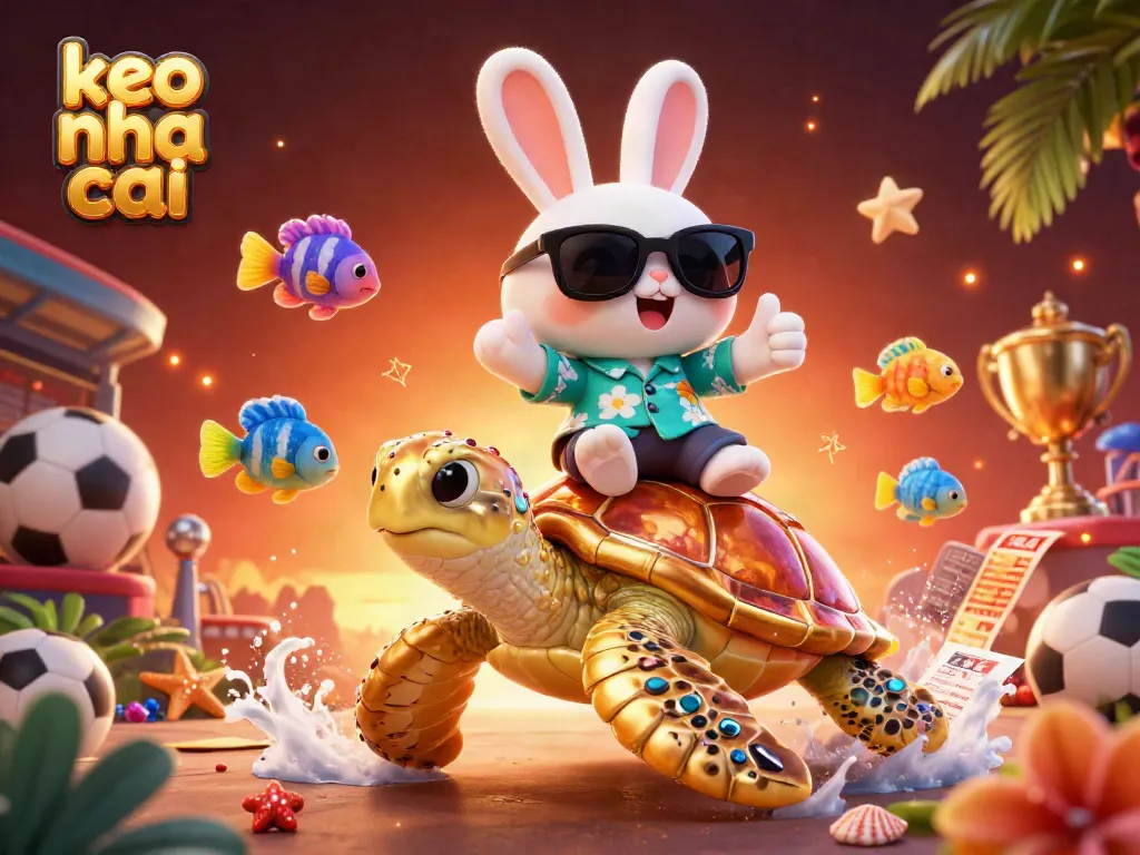Explore exciting keo nha cai betting action with a lucky rabbit and golden turtle amidst vibrant casino elements.