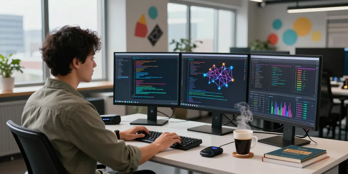 Programmer coding an nsfw ai model in a modern tech workspace with monitors displaying analytics and vibrant code.