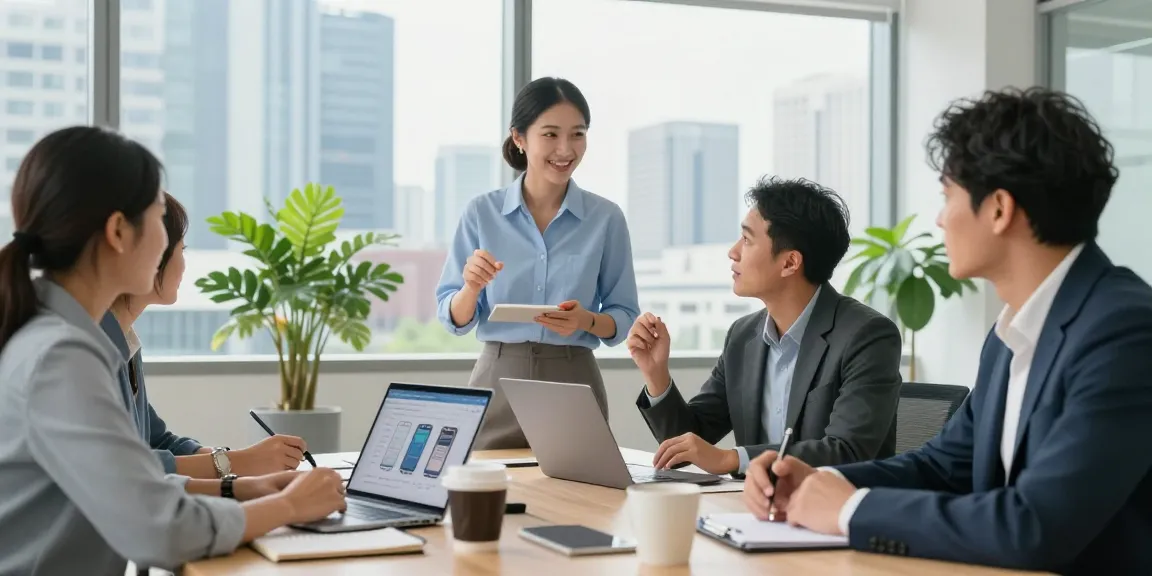 Engaged professionals discussing unlimited business mobile plans in a modern office.