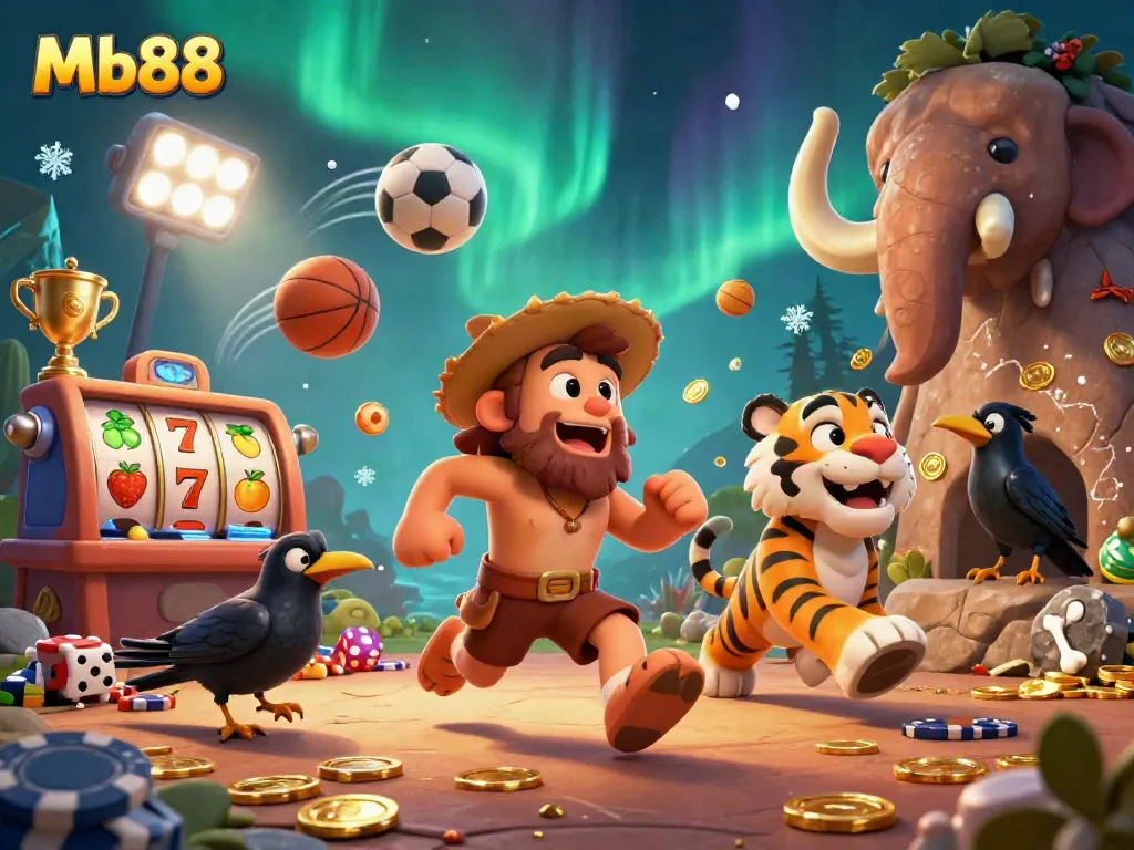 Experience thrilling gaming with Mb88's vibrant prehistoric casino, featuring dynamic characters and rich visuals.
