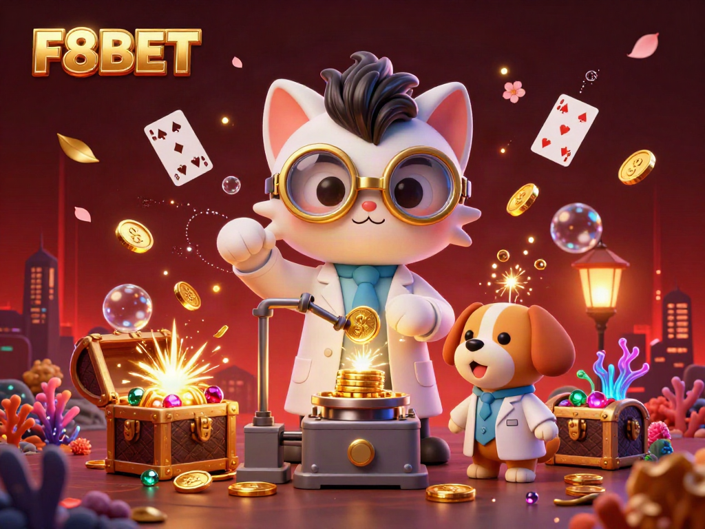 Engage with the exciting world of F8BET featuring a mad scientist cat and loyal assistant creating gold coins in a lively casino setting.