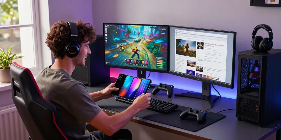 Unpacking a tri-fold phone in a vibrant tech workspace with gaming elements and ambient lighting.