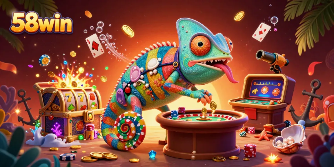 Engaging gameplay at 58win with vibrant slots and a colorful chameleon mascot.