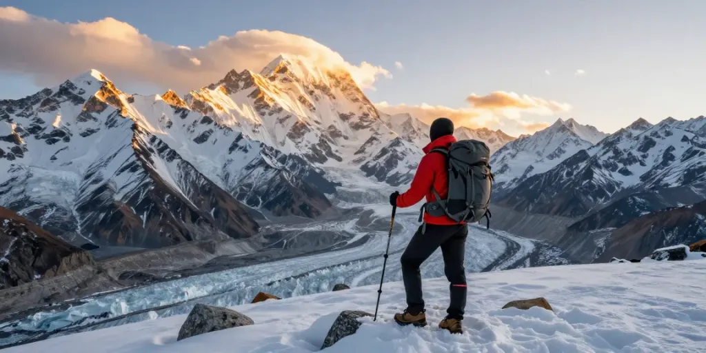 Trekker en el paso Larkya La del Manaslu Trek con vistas impresionantes de la cordillera.