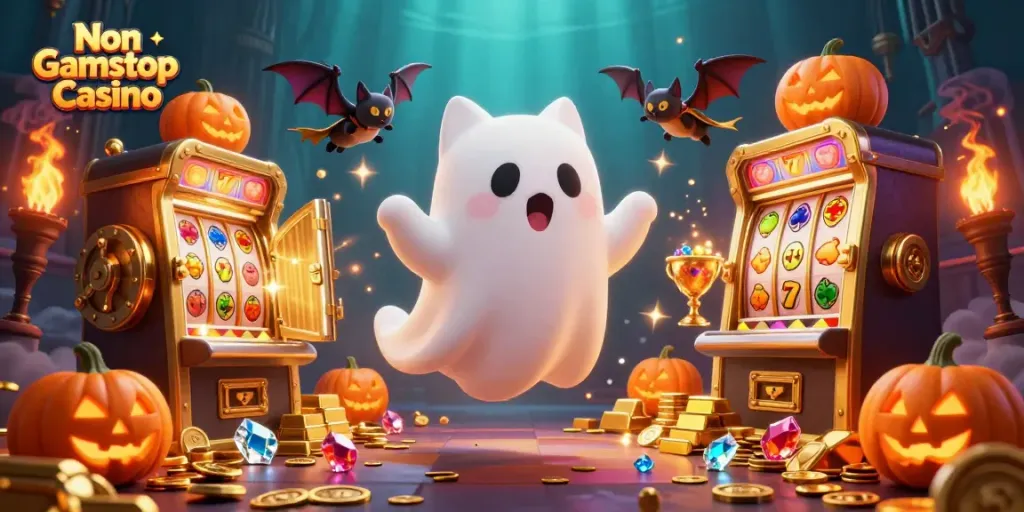 Experience the thrilling atmosphere of a Non Gamstop Casino with a ghost cat and bat in a haunted setting.