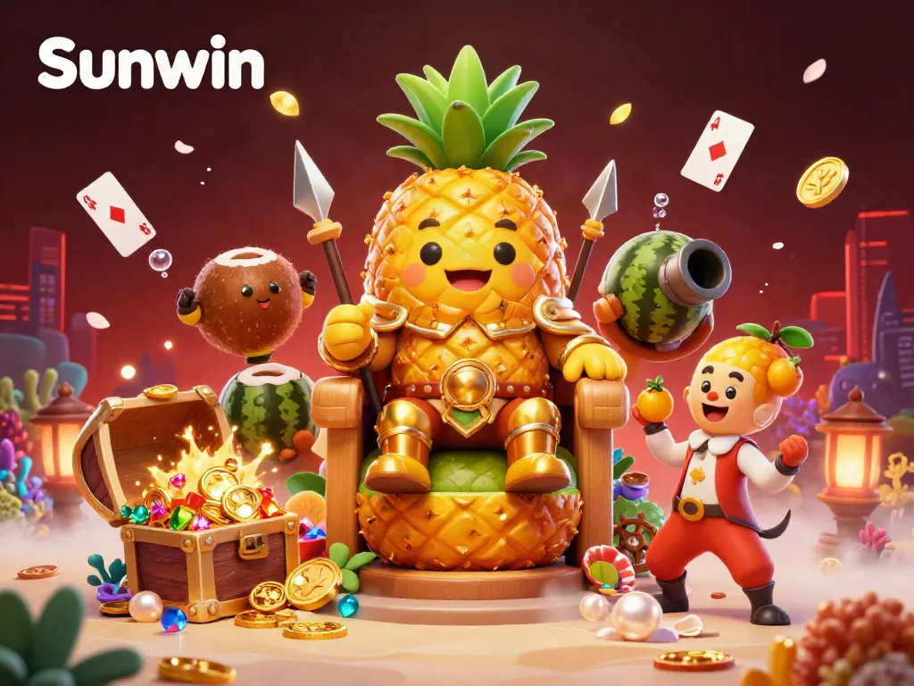Experience the vibrant world of Sunwin with a character-rich, action-packed 3D illustration of a casino scene, showcasing wealth and adventure.
