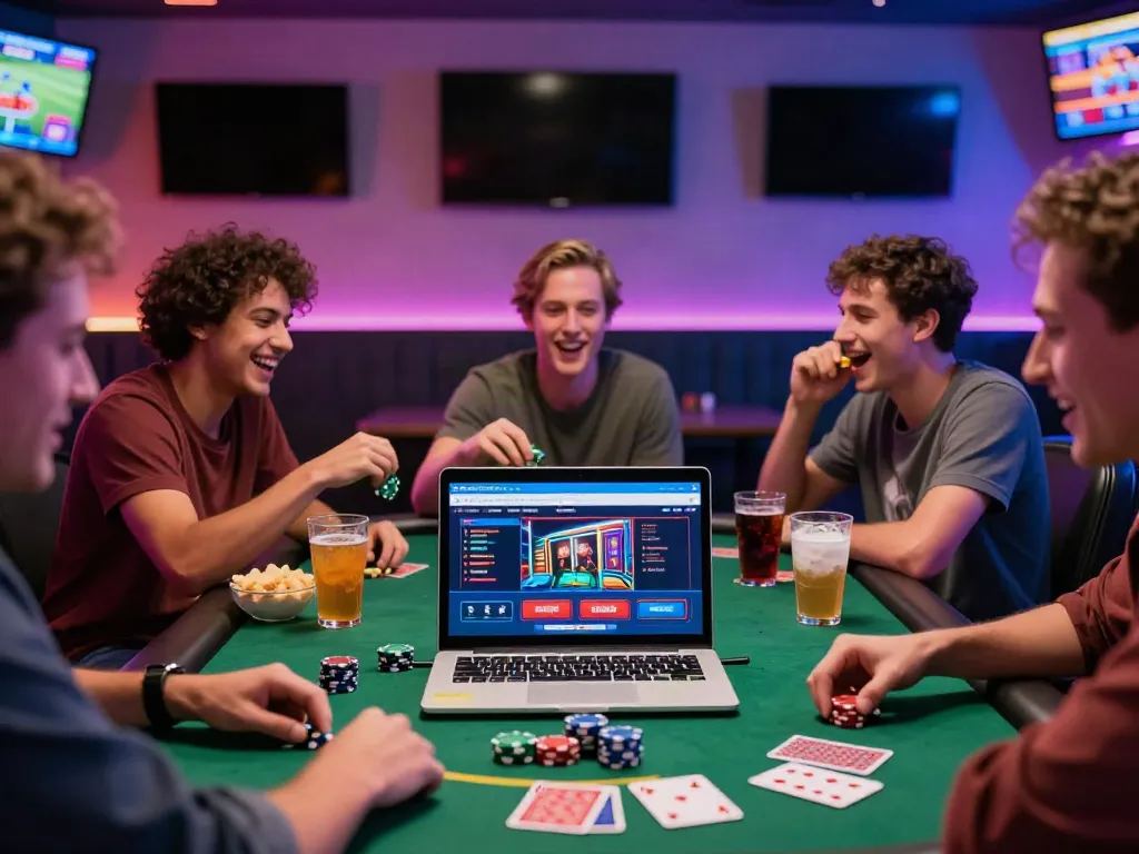 Friends enjoying an online casino not on GamStop in a vibrant gaming lounge.