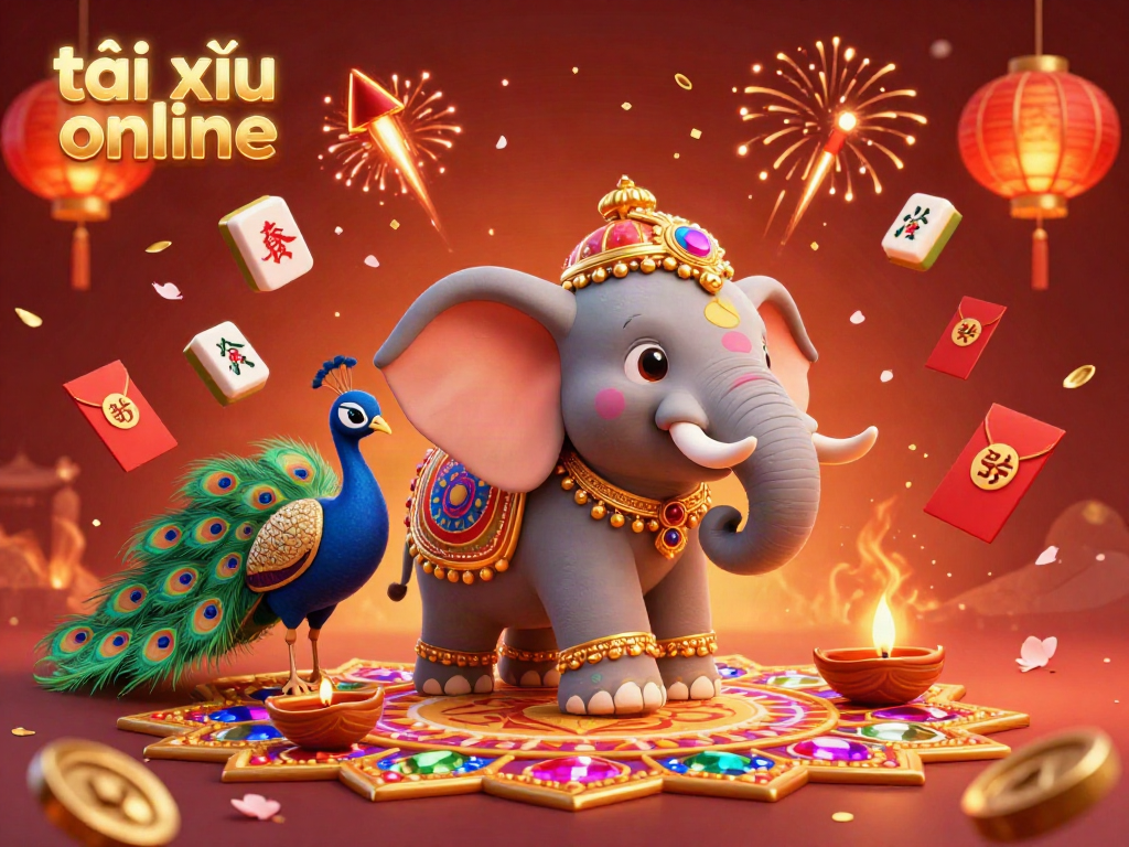 Engage in exciting tài xỉu online gaming with colorful elephant and peacock illustrations surrounded by vibrant casino elements.