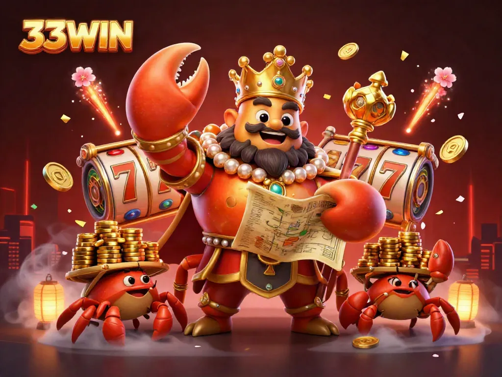 Experience the vibrant 33WIN casino atmosphere with a golden crab emperor and dynamic slot games.