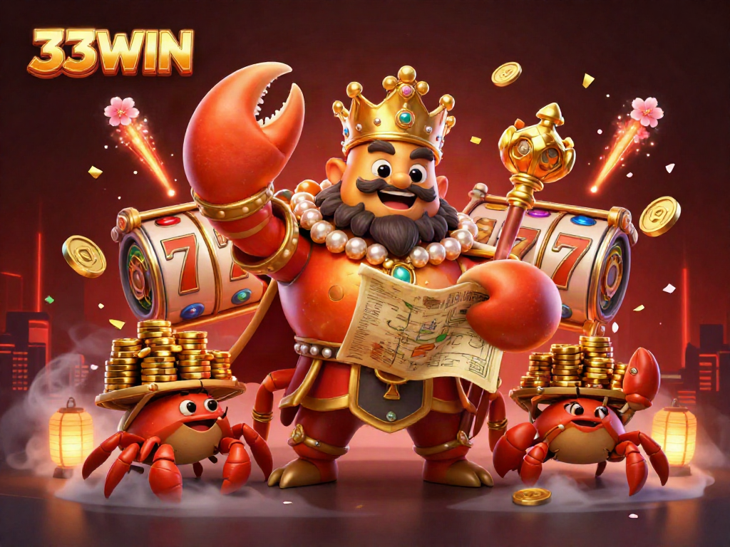 Experience the vibrant 33WIN casino atmosphere with a golden crab emperor and dynamic slot games.