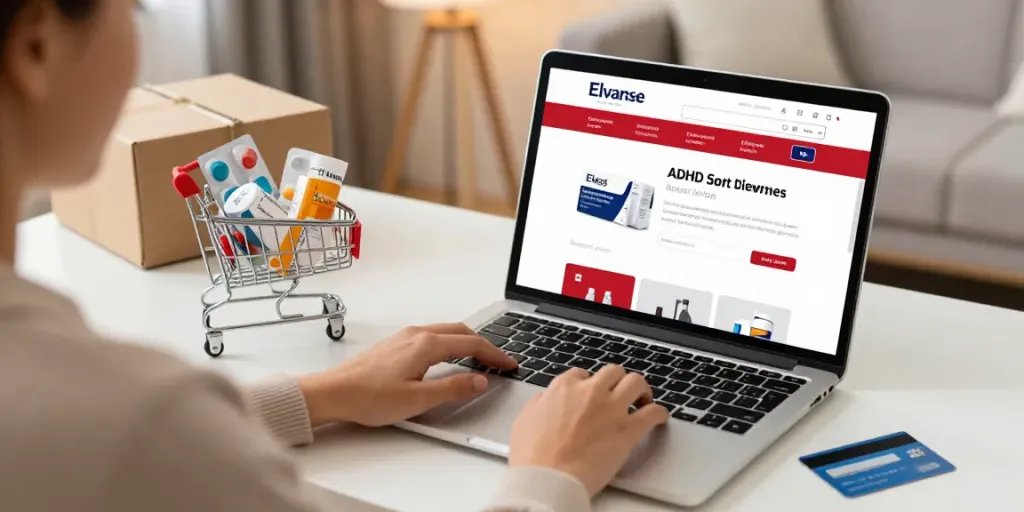 Elvanse for sale - online shopping with ADHD medication on display and shopping cart filled.