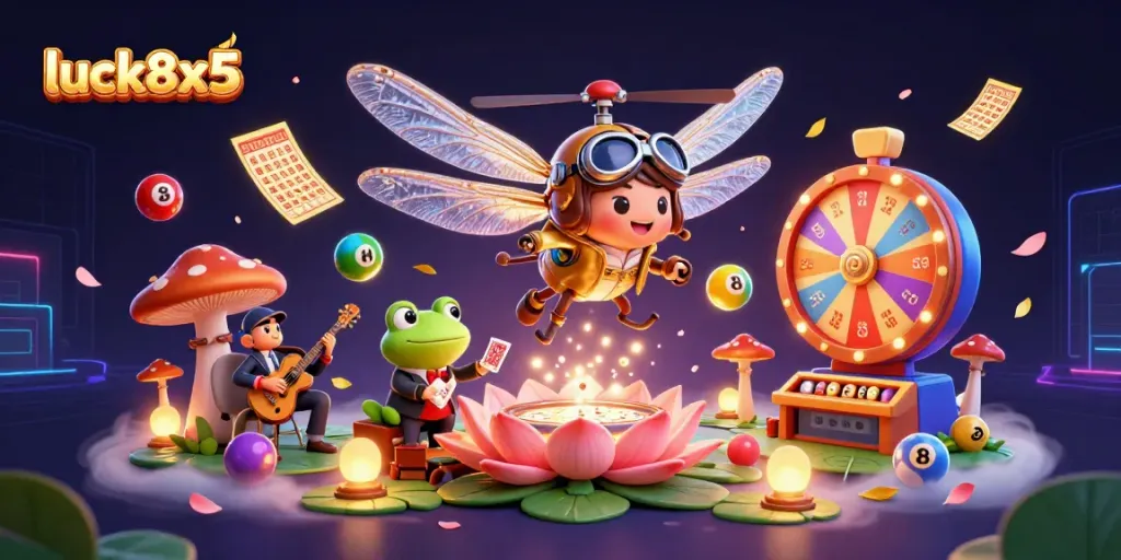 Engage in thrilling gameplay at luck8x5 with vibrant lottery balls and lively casino characters.