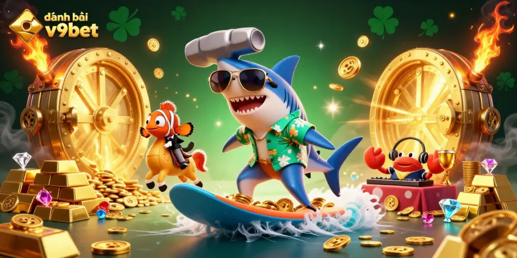 Experience thrilling gameplay and excitement with đánh bài online v9bet, featuring lively characters amidst a treasure-filled casino scene.