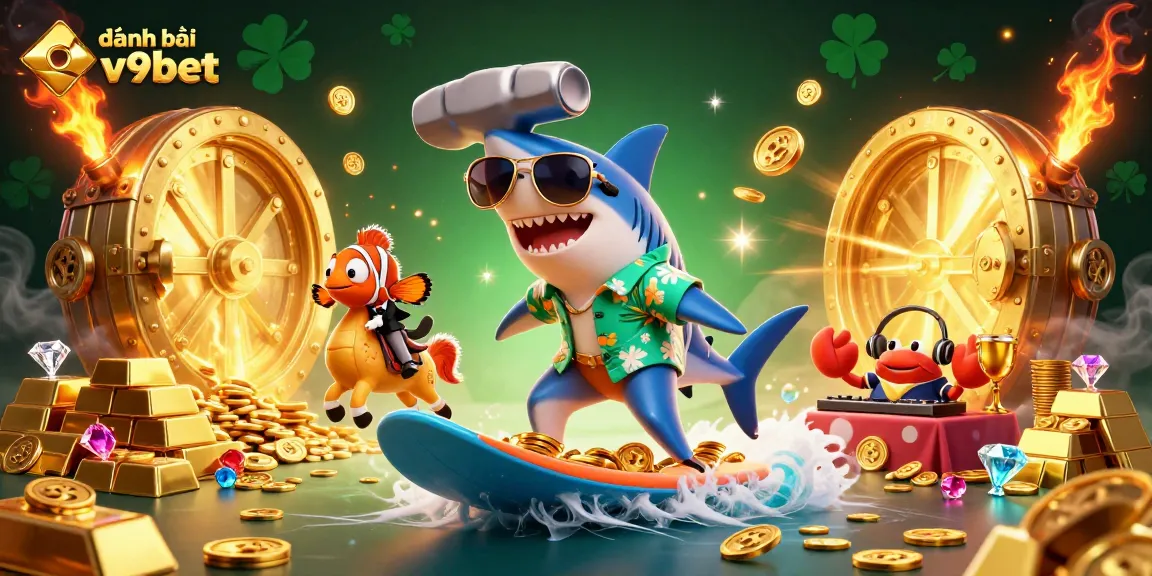 Experience thrilling gameplay and excitement with đánh bài online v9bet, featuring lively characters amidst a treasure-filled casino scene.
