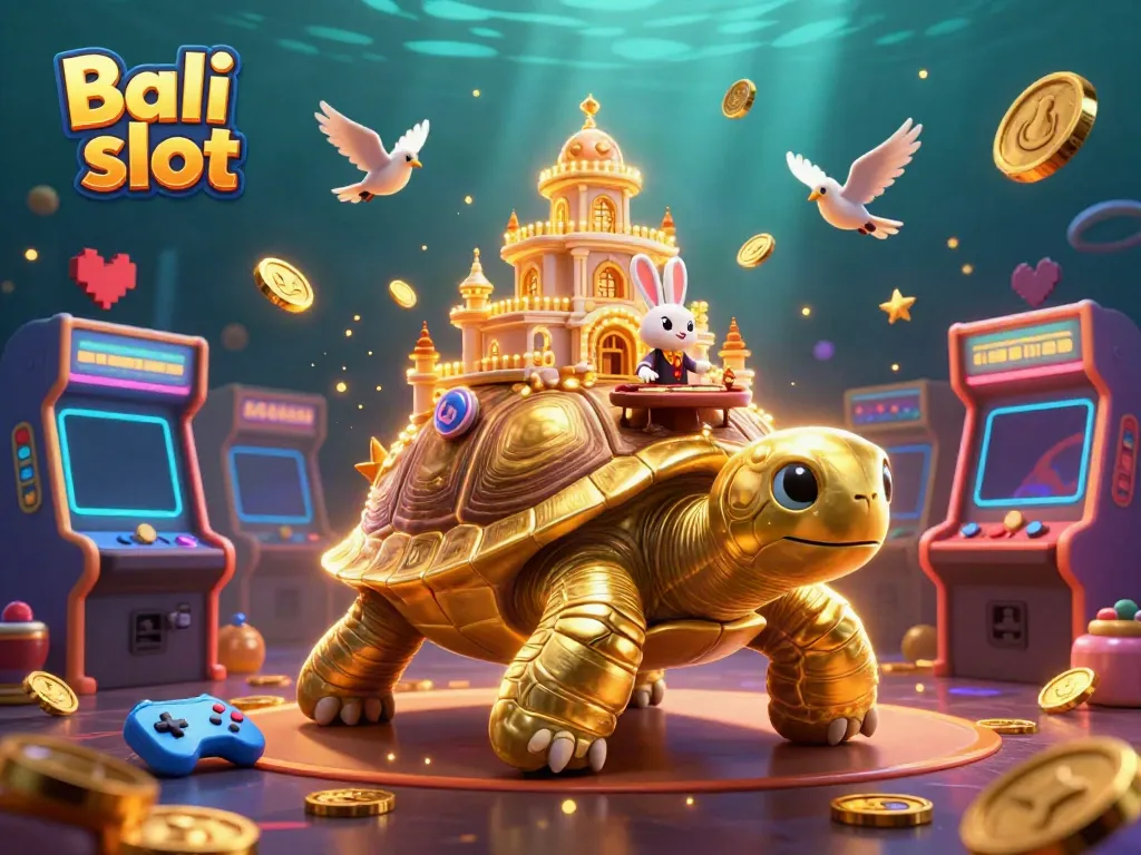Experience the vibrant Bali slot gaming scene with a golden tortoise casino and flying coins.