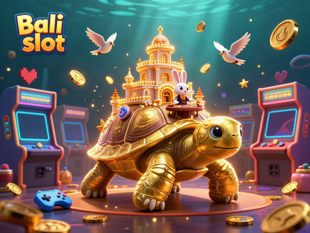 Experience the vibrant Bali slot gaming scene with a golden tortoise casino and flying coins.