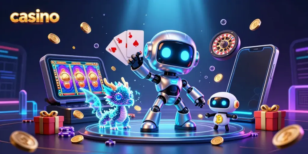 Experience thrilling casino action with a vibrant 3D robotic scene showcasing slot games and virtual companions.