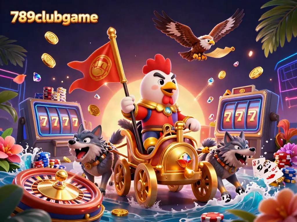 Engage with the thrilling atmosphere of 789clubgame featuring a rooster warlord amidst vibrant casino elements.