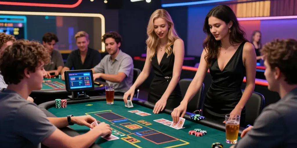 Exciting online gambling scene at https://gem88.jpn.com/, friends enjoying live casino games with vibrant lights.