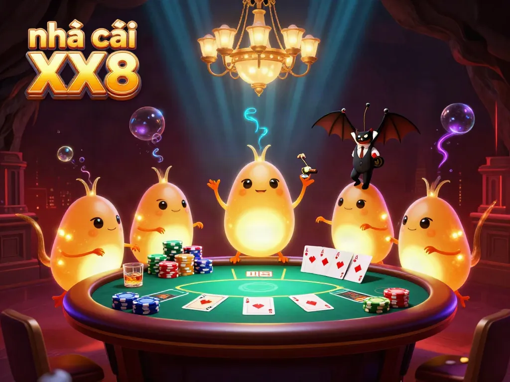Illuminate your gaming experience at Nhà cái XX8 with a vibrant casino scene featuring fun glowworms and engaging game elements.