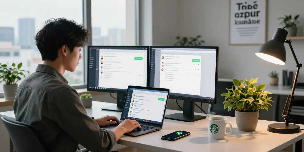 Young professional using WhatsApp電腦版 in a modern home office setting with a laptop and dual monitors.