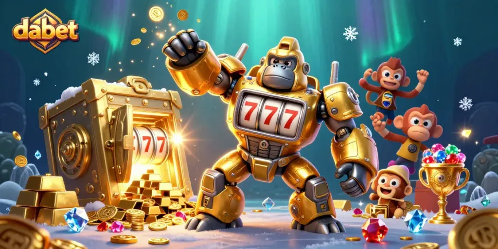 dabet's cartoon golden gorilla mech bursting with coins and slots in an exciting casino scene.