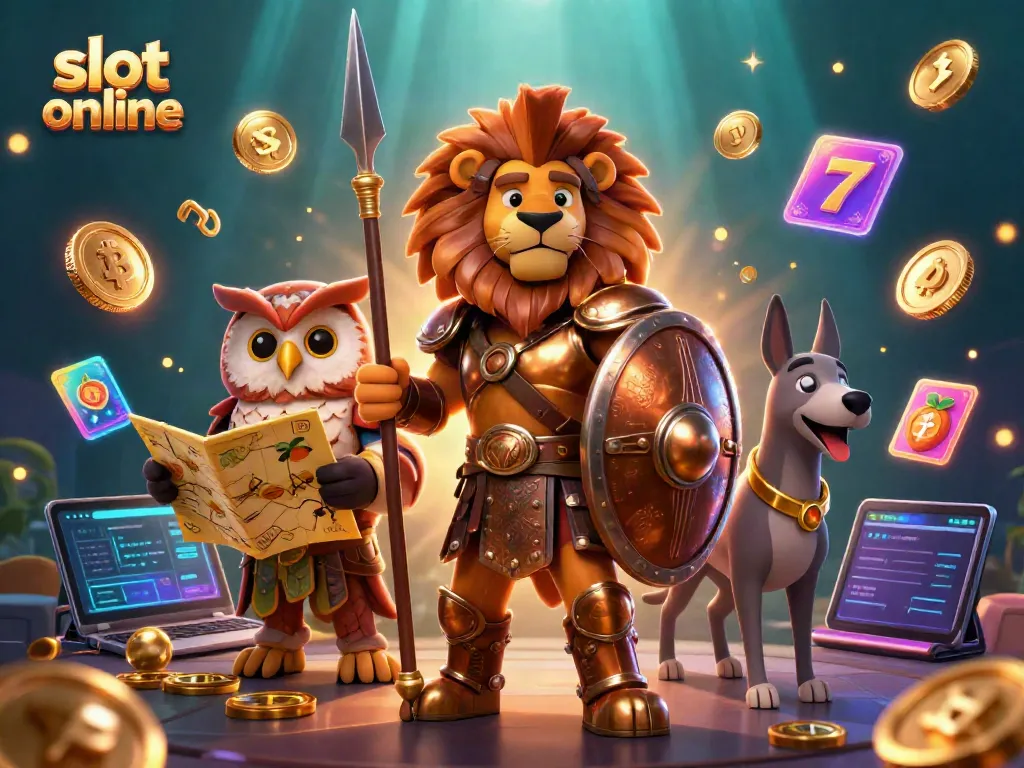 Experience the thrill of slot online with a dynamic 3D illustration of a Spartan lion, owl strategist, and greyhound messenger surrounded by vibrant casino elements.