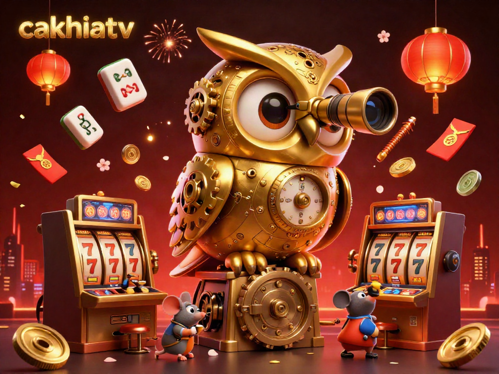 Experience the thrill of cakhiatv with a vibrant casino scene featuring a golden owl, mouse patrons, and slot machines.