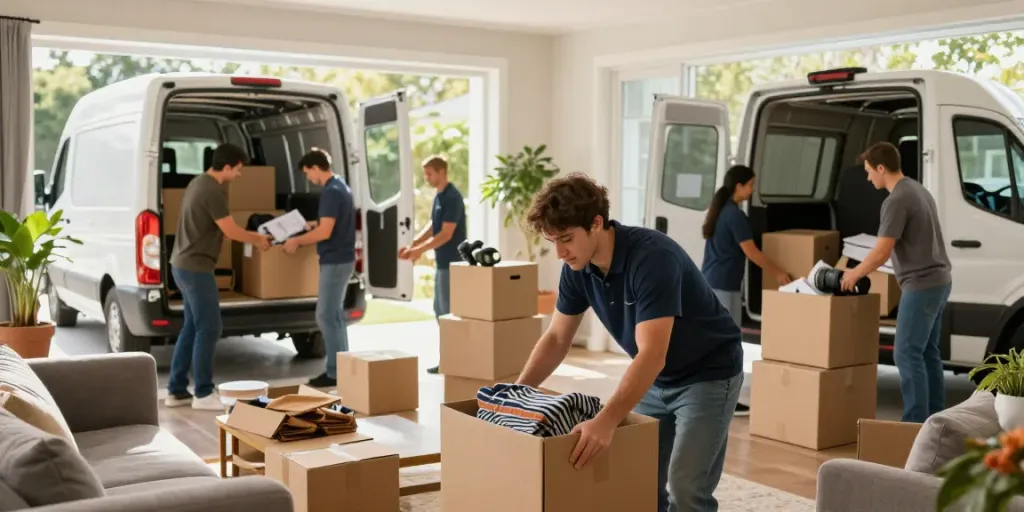 House Clearance Edinburgh team sorting belongings with care in a well-lit living room.