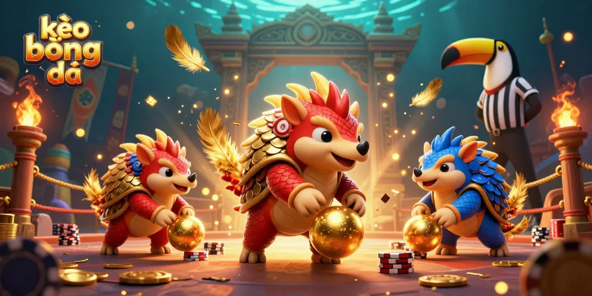Kèo bóng đá action scene with rival pangolins in armor bowling through poker chips, vibrant casino elements.