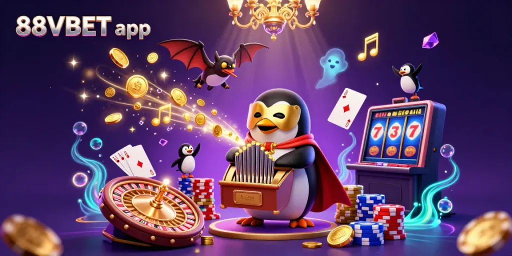 Experience the thrill of the 88VBET app with a cartoon penguin organ player unleashing golden coins amidst vibrant casino elements.