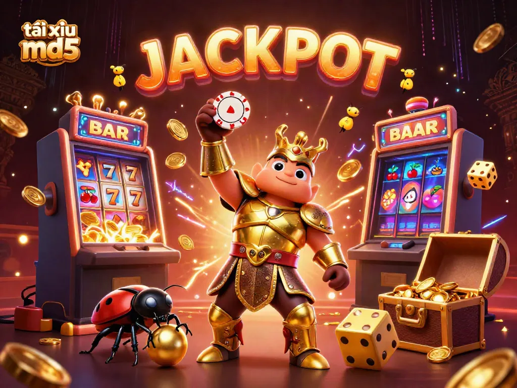Experience the thrill of tài xỉu md5 with golden elements and vibrant casino symbols in a 3D art scene.