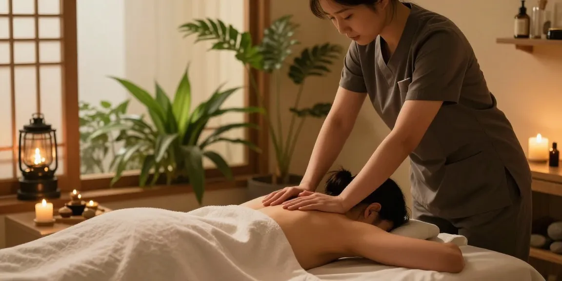서울출장마사지 session in a serene wellness retreat atmosphere with candles and plants.