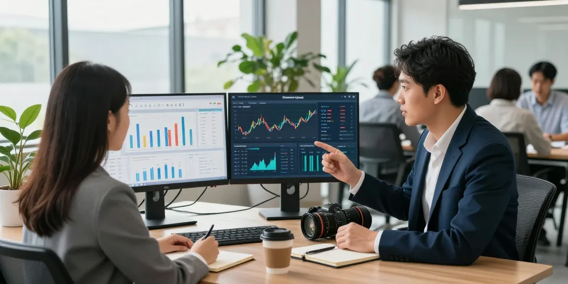 Professionnel discutant de la stratégie bancaire numérique avec des tableaux de bord financiers.
